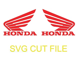 Puede incluir: Dos logotipos rojos de Honda con un gráfico de ala estilizado sobre la palabra HONDA en una fuente negrita sin remates. Debajo de los logotipos, el texto SVG CUT FILE aparece en letras mayúsculas amarillas sobre un fondo blanco liso.