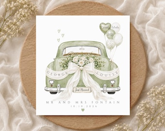 Tarjeta de boda personalizada para recién casados 2026, tarjeta de boda verde salvia con diseño de coche de bodas, regalo de boda, tarjeta de boda, apellido personalizado, nombres, fecha