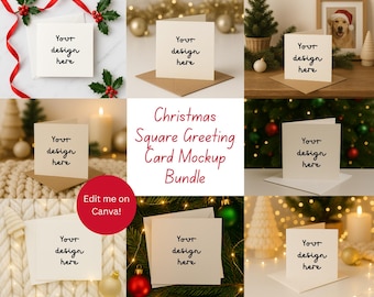 8 Christmas Square Greeting Card Mockups | Christmas Card Mockup Bundle for Etsy | Editable Template | Greeting Card Display Set