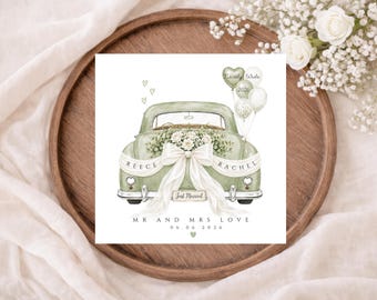 Carte de mariage personnalisée pour les jeunes mariés 2026, carte de voiture de mariage vert sauge, cadeau de jour de mariage, carte de jour de mariage, nom de famille personnalisé, noms, date