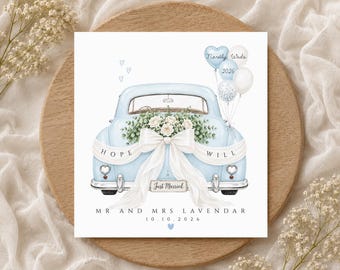 Personalised Newly Weds 2026 Wedding Card, Blue Wedding Car Card, Wedding Day Gift, Wedding Day Card, Custom Surname, Names, Date