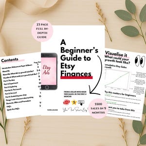 May include: A 23-page digital guide titled A Beginner's Guide to Etsy Finances, featuring a smartphone graphic, a contents page, and a growth chart. The document includes text about achieving 1500 sales in 4 months and 5500 sales in 9 months.