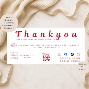May include: A digital thank you card template with the words "Thank You" in red script. The card includes space for a logo, social media icons, and a QR code. The background is a soft, neutral colour.