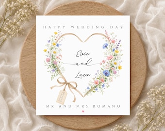 Happy Wedding Day Wildflower Wedding Card | Wedding Gift | Flower Heart Wreath | Happy Wedding Day Card | Custom Names, Wedding Date, Mr Mrs