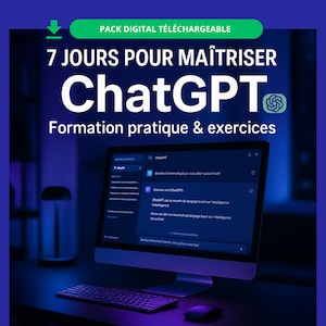 May include: A digital download advertisement with the text "7 JOURS POUR MAÎTRISER ChatGPT" and "Formation pratique & exercices". The image shows a computer screen displaying ChatGPT interface, a keyboard, and a mouse. The background is dark blue.