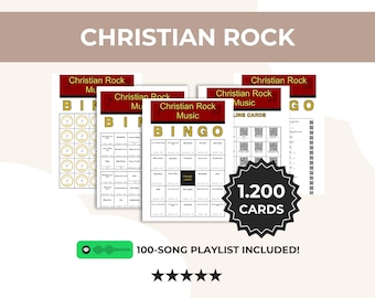 Christian Rock Music Bingo Printable, 1,200 Cards, 100 Songs, 5x5 and 3x3 Game, QR Calling Cards, Spotify Playlist, Instant Download