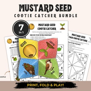 May include: A Mustard Seed Cootie Catcher bundle featuring printable activity sheets. The central coloured cootie catcher displays four sections labelled Seed, Plant, Soil, and Bird with corresponding illustrations. Text includes Mustard Seed Cootie Catcher.
