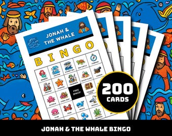 ヨナと大きな魚のビンゴゲーム – 35のユニークな場面を収録した印刷可能なカード200枚 | 子供、日曜学校、教会グループ向けの聖書の慈悲ビンゴ