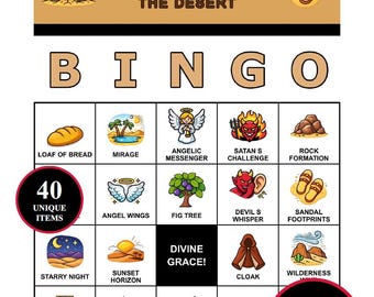 イエスが砂漠で誘惑されるビンゴゲーム – 40の誘惑の場面を描いた200枚の印刷可能なカード | 子供向け、日曜学校、教会向けの聖書ビンゴ
