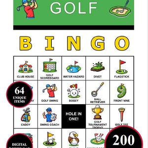 May include: A Golf Bingo game card with a green and white design. The top banner reads "GOLF" with illustrations of a golfer and a golf course. The card features various golf-related images and the text "BINGO". Includes "64 Unique Items" and "200 Cards".