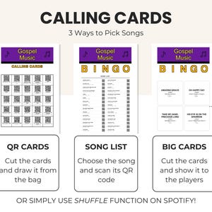May include: A graphic featuring "CALLING CARDS" with three methods to pick songs. The cards are labeled "QR CARDS", "SONG LIST", and "BIG CARDS". Each card has a "Gospel Music" header with a musical note icon. The image includes text: "OR SIMPLY USE SHUFFLE FUNCTION ON SPOTIFY!"