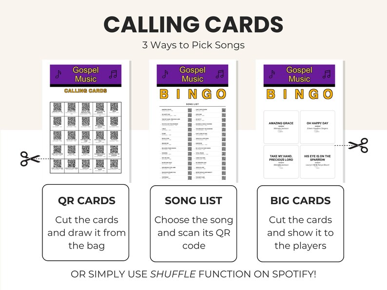 May include: A graphic featuring "CALLING CARDS" with three methods to pick songs. The cards are labeled "QR CARDS", "SONG LIST", and "BIG CARDS". Each card has a "Gospel Music" header with a musical note icon. The image includes text: "OR SIMPLY USE SHUFFLE FUNCTION ON SPOTIFY!"