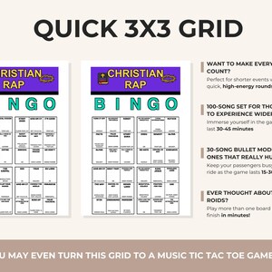 May include: Two printable Christian Rap Bingo game cards featuring a 3x3 grid layout. The cards have a purple header with the text CHRISTIAN RAP and the word BINGO in large teal letters. Each grid contains various song titles in black text.