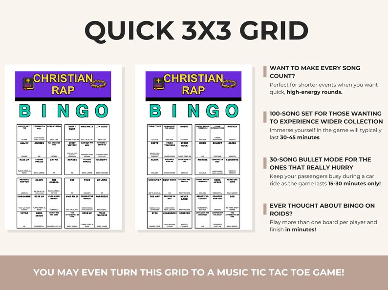May include: Two printable Christian Rap Bingo game cards featuring a 3x3 grid layout. The cards have a purple header with the text CHRISTIAN RAP and the word BINGO in large teal letters. Each grid contains various song titles in black text.