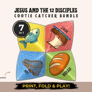May include: A paper cootie catcher featuring the text JESUS AND THE 12 DISCIPLES COOTIE CATCHER BUNDLE and 7 IN 1. The four sections are colored yellow, red, blue, and green, displaying illustrations of a fish, a boat, a net, and bread.
