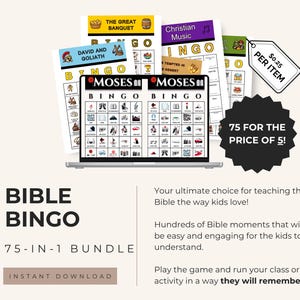 May include: A bundle of Bible Bingo games, including "David and Goliath" and "Moses" themes, displayed on a laptop screen. The image features various bingo cards with biblical illustrations, and text that reads "75 for the price of 5!" and "Instant Download".