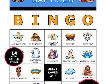 イエスの洗礼ビンゴゲーム – 35種類のユニークな瞬間を描いた印刷可能なカード200枚 | 子供、日曜学校、教会グループ向けの聖書洗礼ビンゴ