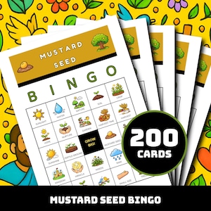 May include: A set of Mustard Seed Bingo cards featuring a grid of illustrated icons including a water drop, sun, and plant sprouts. The header reads Mustard Seed Bingo and a circular badge indicates 200 cards. The background is a yellow pattern.