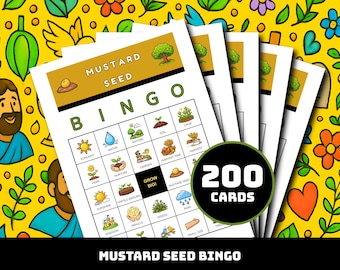 マスタードシードビンゴゲーム – 35の王国の瞬間を描いた200枚の印刷可能なカード | 教室、家族での楽しみ、教会活動のためのキリスト教学習