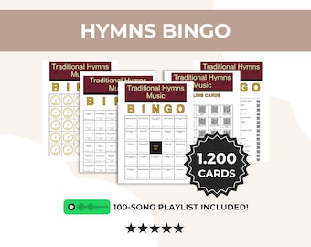 Traditional Hymns Bingo Printable, 1,200 Cards, 100 Hymns, 5x5 and 3x3 Game, QR Calling Cards, Spotify Church Playlist, Instant Download Pdf