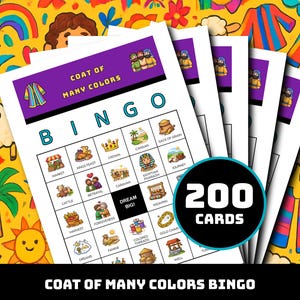 Può includere: Un set di cartelle bingo Coat of Many Colors con un'intestazione viola con il testo Coat of Many Colors e una griglia di illustrazioni tra cui una corona, una carovana e un faraone. Un badge circolare nero mostra il testo 200 CARDS.