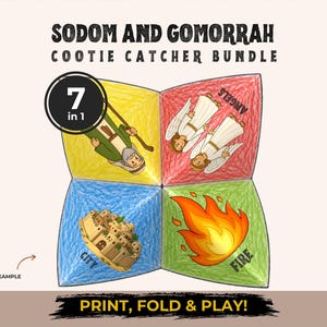 Puede incluir: Un comecocos de papel con el texto SODOM AND GOMORRAH COOTIE CATCHER BUNDLE y 7 IN 1. Las cuatro secciones de colores muestran ilustraciones de una persona con un bastón, dos ángeles, una ciudad y fuego con las etiquetas ANGELS, CITY y FIRE.
