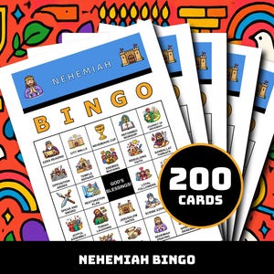 May include: A stack of Nehemiah Bingo cards with colorful illustrations and text. The cards feature images and words related to the biblical story. The set includes 200 cards and is set against a vibrant, patterned background.