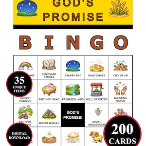 May include: A God's Promise Bingo game sheet featuring a yellow header with a starry sky and wheat illustration. The grid contains various religious-themed icons and text labels like Covenant Stones, Starry Sky, Sand Dunes, and City of Ur.