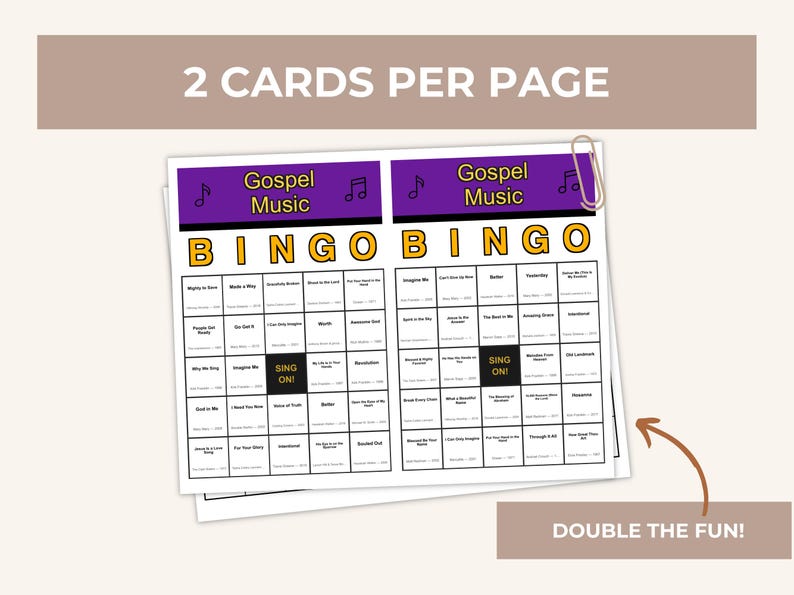 May include: Two Gospel Music Bingo cards are shown, each with a purple header and the word "BINGO" in large yellow letters. The cards are held together with a silver paper clip. The text "2 CARDS PER PAGE" and "DOUBLE THE FUN!" are also visible.