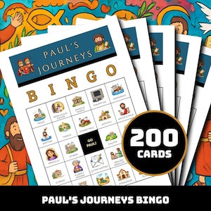 May include: A set of printed bingo cards titled Paul's Journeys, featuring a grid of illustrated icons related to biblical events, including a central square labeled Go Paul! and a circular badge indicating 200 cards in a bold white font.