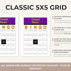 May include: Two Gospel Music Bingo cards with a purple and gold header. The cards have a 5x5 grid with song titles. Text on the side highlights features like a 100-song set and a 30-song set. The text "ALL SONGS ARE ALREADY ON SPOTIFY PLAYLIST - PLUG IN AND PLAY" is at the bottom.
