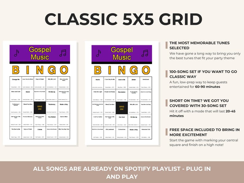 May include: Two Gospel Music Bingo cards with a purple and gold header. The cards have a 5x5 grid with song titles. Text on the side highlights features like a 100-song set and a 30-song set. The text "ALL SONGS ARE ALREADY ON SPOTIFY PLAYLIST - PLUG IN AND PLAY" is at the bottom.