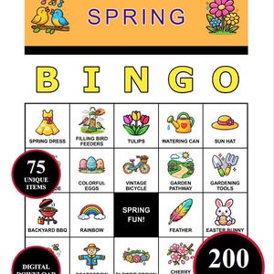 May include: A colorful spring-themed bingo game with illustrations of a spring dress, tulips, and a rainbow. The game includes 75 unique items and 200 cards. The words "SPRING" and "BINGO" are prominently displayed.
