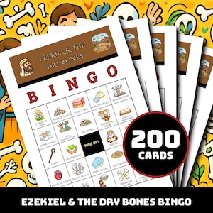 May include: A set of Ezekiel and the Dry Bones bingo cards featuring a grid with illustrations of skulls, bones, and biblical symbols. The header reads Ezekiel and the Dry Bones, and a circular badge indicates 200 cards. The background is yellow.