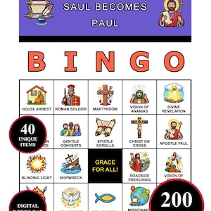 May include: A colorful Bingo game with the title "Saul Becomes Paul" at the top. The game features various illustrated squares with religious themes, including "House Arrest," "Martyrdom," and "Apostle Paul." The game includes 40 unique items and 200 cards.