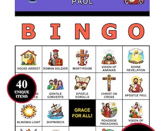 サウルがパウロになるビンゴゲーム – 64のユニークな瞬間を描いた200枚の印刷可能なカード | 子供、日曜学校、教会グループ向けの聖書の変容ビンゴ