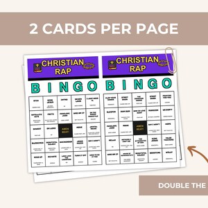 May include: Two printable bingo cards on a single page titled Christian Rap Bingo. Each card features a purple header with a bible icon and crown of thorns, a teal BINGO grid, and a central black square labelled Amen Beat with various song titles.