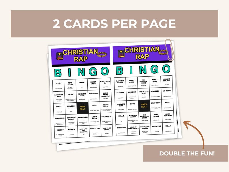 May include: Two printable bingo cards on a single page titled Christian Rap Bingo. Each card features a purple header with a bible icon and crown of thorns, a teal BINGO grid, and a central black square labelled Amen Beat with various song titles.