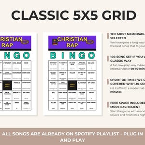 May include: Two Christian Rap Bingo game cards with a 5x5 grid, featuring a purple header with the text "CHRISTIAN RAP" and a "BINGO" title. The central square is black with the text "AMEN BEAT!". Text on the right details game options.