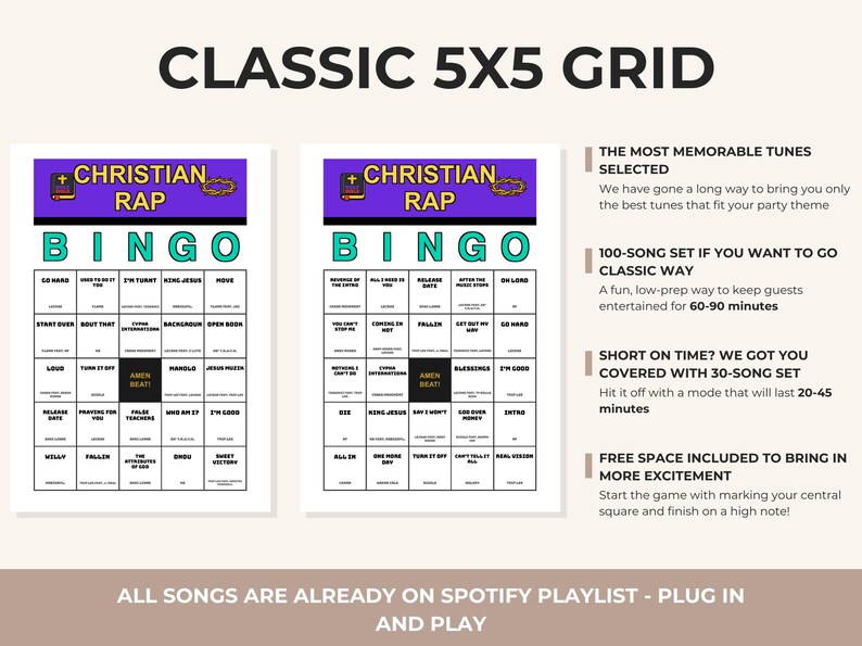 May include: Two Christian Rap Bingo game cards with a 5x5 grid, featuring a purple header with the text "CHRISTIAN RAP" and a "BINGO" title. The central square is black with the text "AMEN BEAT!". Text on the right details game options.
