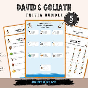 May include: A David & Goliath trivia bundle featuring five printable game sheets with illustrations of slings, shields, and biblical characters. The pages include text for picture trivia, true or false questions, and who or what am I challenges.