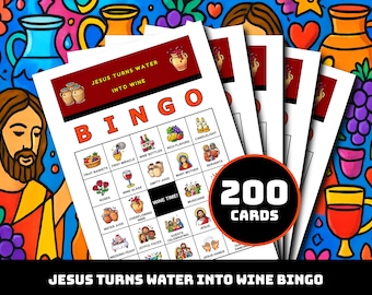 イエスが水をワインに変えるビンゴゲーム – 35の場面を描いた印刷可能なカード200枚 | 子供、日曜学校、教会向けの聖書のお祝いビンゴ