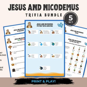 Puede incluir: Un paquete de trivia sobre Jesús y Nicodemo que incluye cinco hojas de actividades imprimibles con ilustraciones, preguntas de opción múltiple y claves de respuestas. Las páginas contienen encabezados, iconos y casillas de verificación.