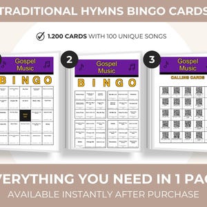 May include: Three Gospel Music Bingo card sets. The first two sets are labeled "BINGO" and the third set is labeled "CALLING CARDS". The cards are white with black text and a purple header. The text "TRADITIONAL HYMNS BINGO CARDS" is at the top.