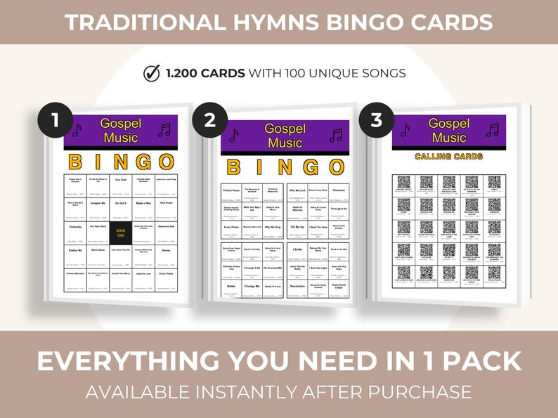May include: Three Gospel Music Bingo card sets. The first two sets are labeled "BINGO" and the third set is labeled "CALLING CARDS". The cards are white with black text and a purple header. The text "TRADITIONAL HYMNS BINGO CARDS" is at the top.