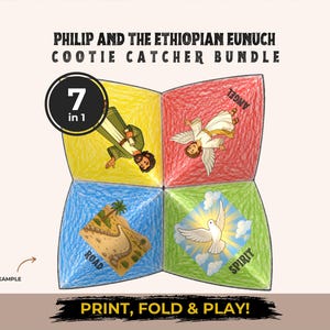 Peut inclure: Un attrape-coquins en papier avec le texte Philip and the Ethiopian Eunuch Cootie Catcher Bundle et 7 in 1. Les quatre sections sont colorées en jaune, rouge, bleu et vert, avec des illustrations d'une personne, d'un ange, d'une route et d'une colombe.