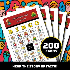 Peut inclure: Plusieurs cartes de bingo "Stephen the Martyr" avec des images et des mots sur le thème religieux. Les cartes sont blanches avec un bord rouge et le texte "200 CARDS" sur un cercle noir. L'arrière-plan est coloré.