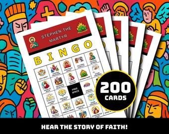 Stephen the Martyr Bingo Game – 200 Printable Cards with 35 Unique Martyr Moments | Bible Courage Bingo for Kids, Sunday School, Church