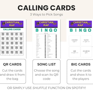 May include: A set of printable game materials titled CALLING CARDS 3 Ways to Pick Songs, featuring three distinct sheets: QR CARDS with scannable codes, a SONG LIST, and BIG CARDS. Each sheet includes the text CHRISTIAN RAP BINGO.