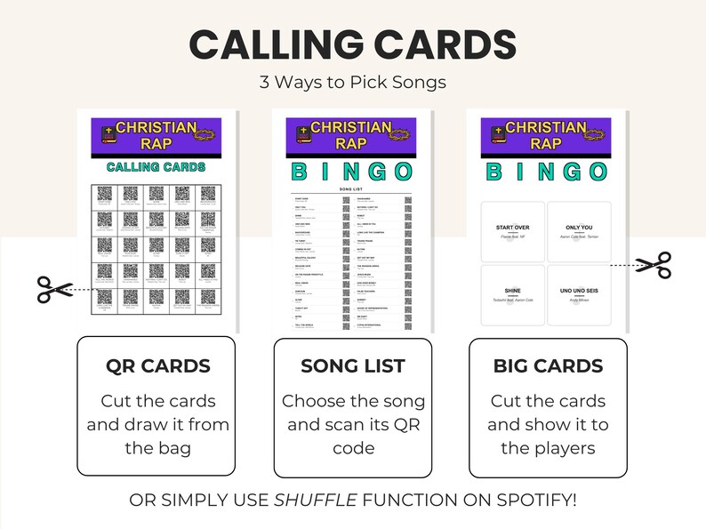 May include: A set of printable game materials titled CALLING CARDS 3 Ways to Pick Songs, featuring three distinct sheets: QR CARDS with scannable codes, a SONG LIST, and BIG CARDS. Each sheet includes the text CHRISTIAN RAP BINGO.